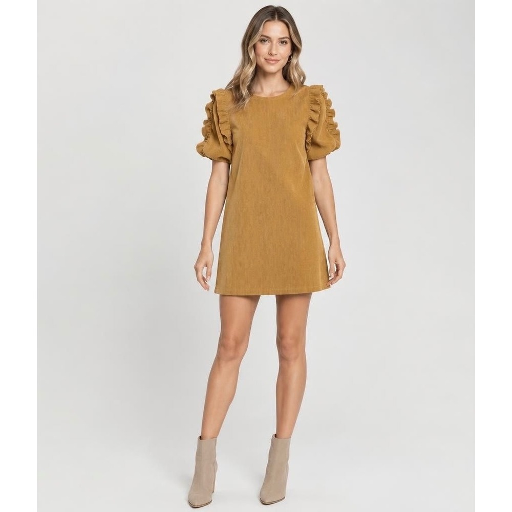 GeeGee Corduroy Ruffle Puff Sleeve Mini Dress Mustard Tan Small MD50773